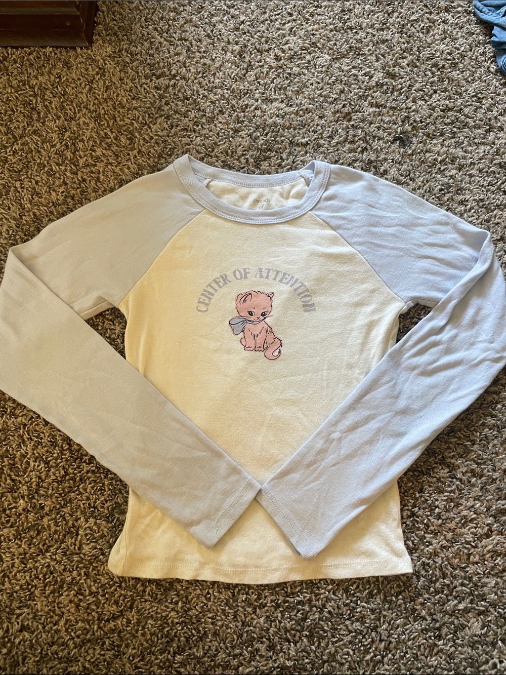 Girls' Long-Sleeve Raglan Tee with Kitten Graphic - Cream & Light Blue